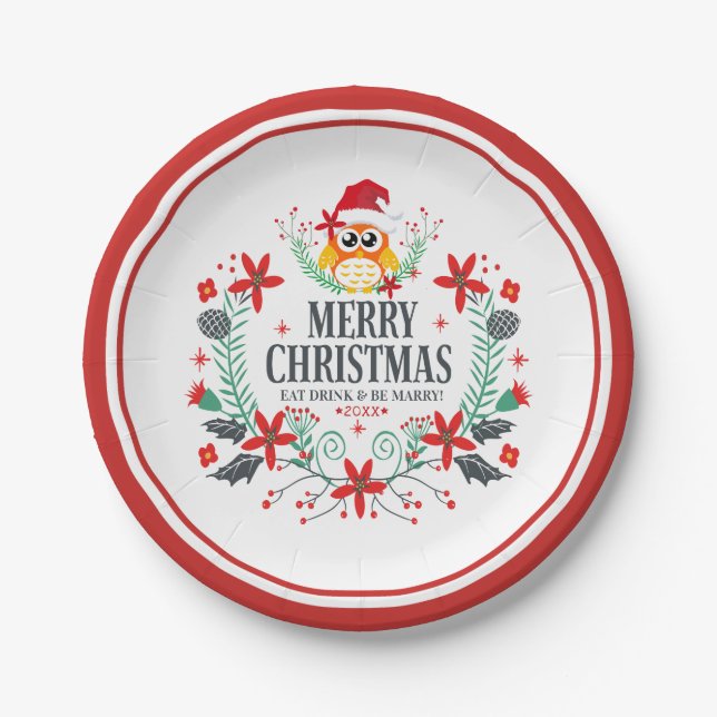 Merry Christmas Typography & Christmas Owl Wreath Paper Plate (Front)