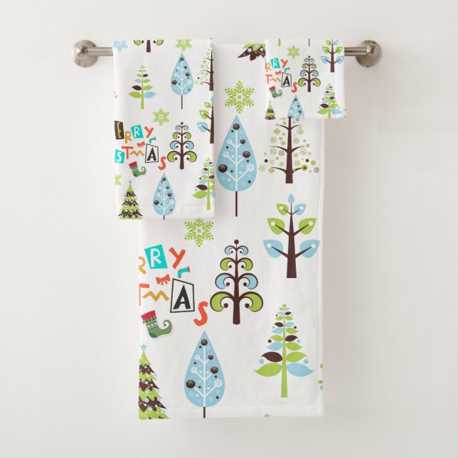Merry Christmas Typography & Christmas Trees Bath Towel Set (Insitu)