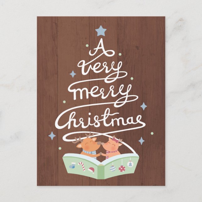 Merry Christmas Typography Cute Reindeers Postcard (Front)