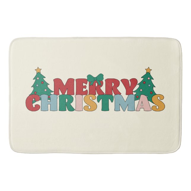 Merry Christmas Typography Decorated Pine Tree Bath Mat (Front)