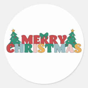 Merry Christmas Typography Decorated Pine Tree Classic Round Sticker