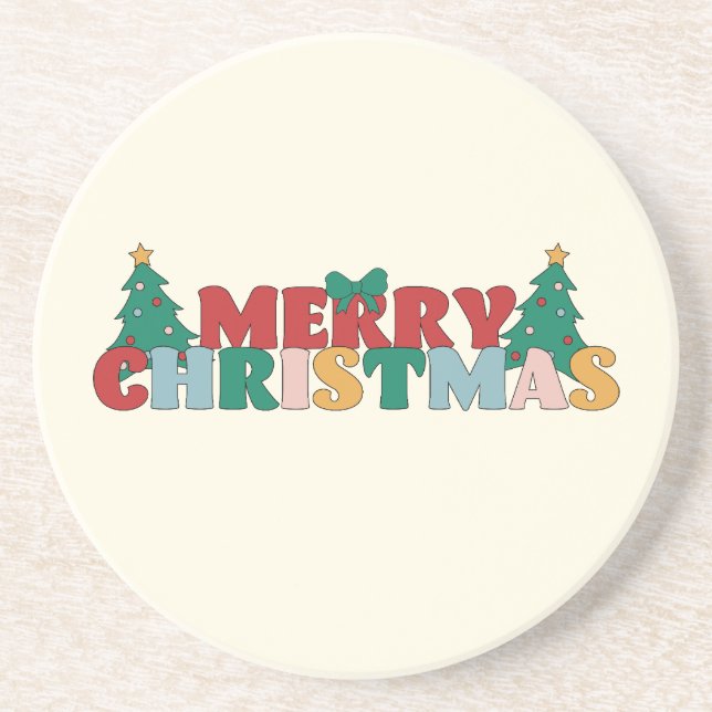 Merry Christmas Typography Decorated Pine Tree Coaster (Front)