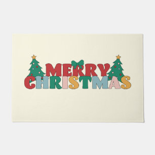 Merry Christmas Typography Decorated Pine Tree Doormat