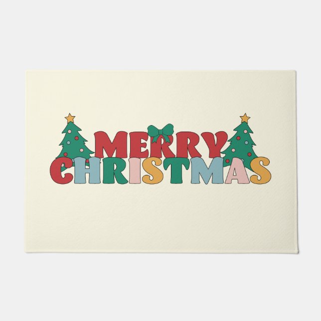 Merry Christmas Typography Decorated Pine Tree Doormat (Front)