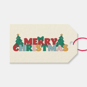 Merry Christmas Typography Decorated Pine Tree Gift Tags