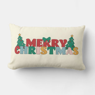 Merry Christmas Typography Decorated Pine Tree Lumbar Pillow