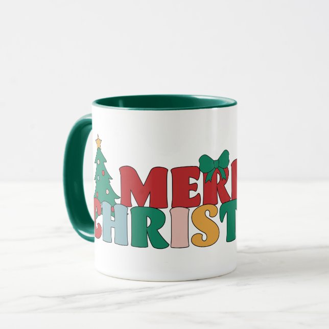 Merry Christmas Typography Decorated Pine Tree Mug (Front Left)