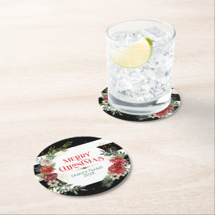 Merry Christmas Typography & Floral Wreath Coaster