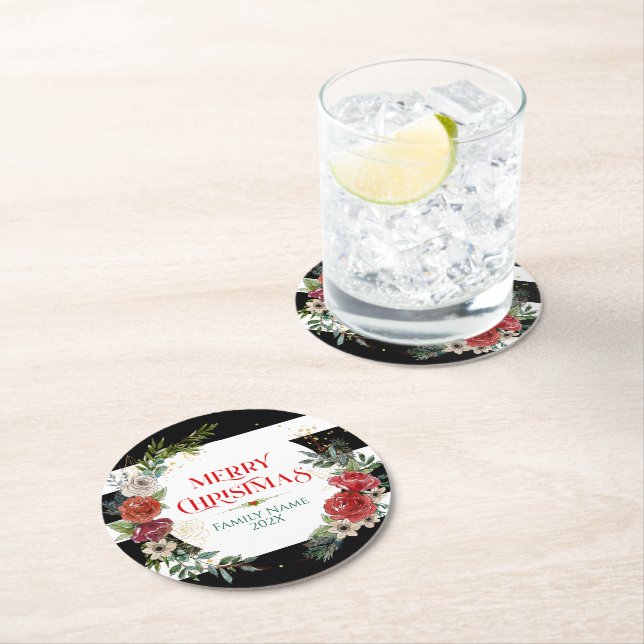 Merry Christmas Typography & Floral Wreath Coaster (Insitu)