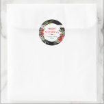 Merry Christmas Typography & Floral Wreath Coaster Classic Round Sticker<br><div class="desc">Elegant modern script typography-Merry Christmas with colourful Christmas flowers wreath. Optional customizable text.</div>