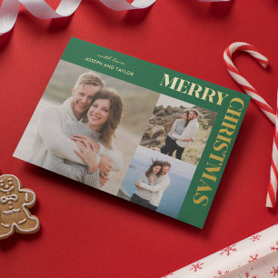 Merry Christmas Typography Gold on Green 3 Photos Foil Holiday Card