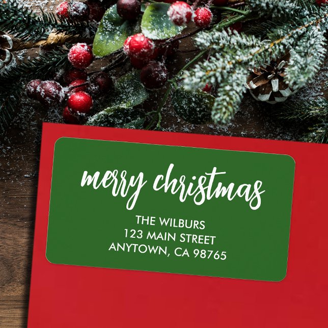 Merry Christmas Typography Green Return Address Label (Creator Uploaded)