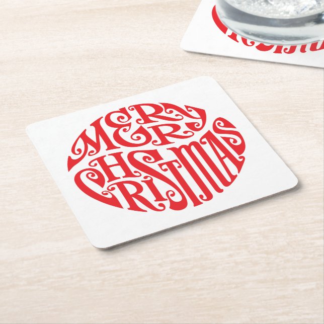 Merry Christmas Typography Joyful Greetings Square Paper Coaster (Angled)