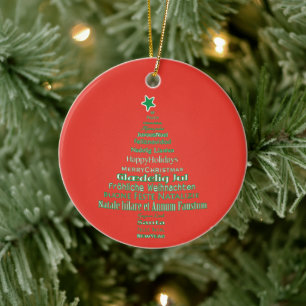 Merry Christmas Typography Language Tree Ceramic Ornament