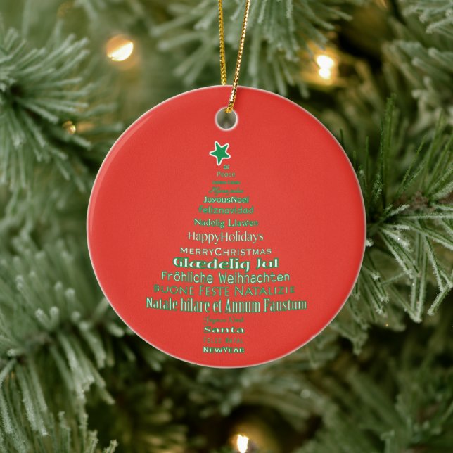 Merry Christmas Typography Language Tree   Ceramic Ornament (Tree)