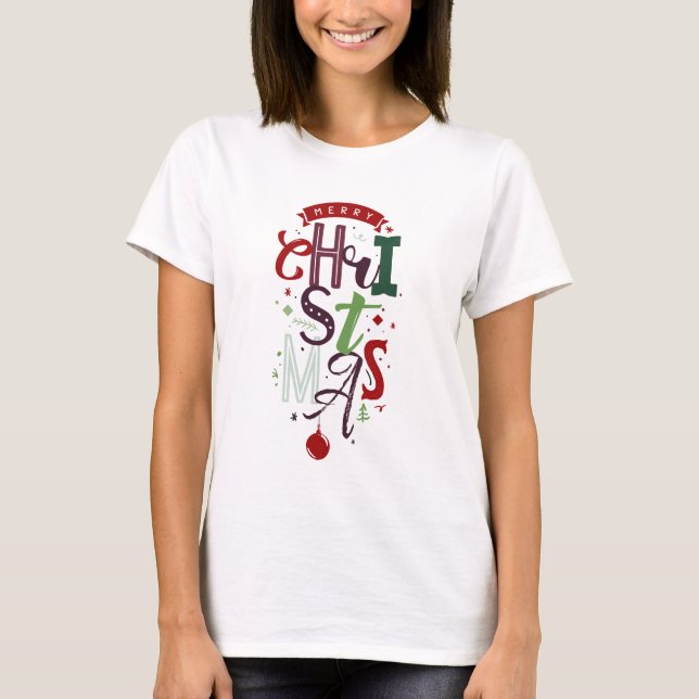 Merry Christmas Typography Lettering Colourful T-Shirt (Front)