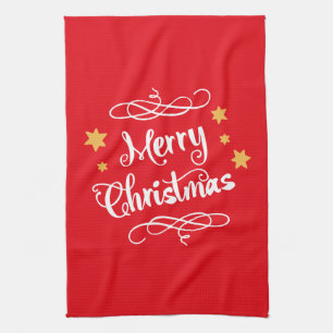 Merry Christmas Typography Light Red White Kitchen Towel