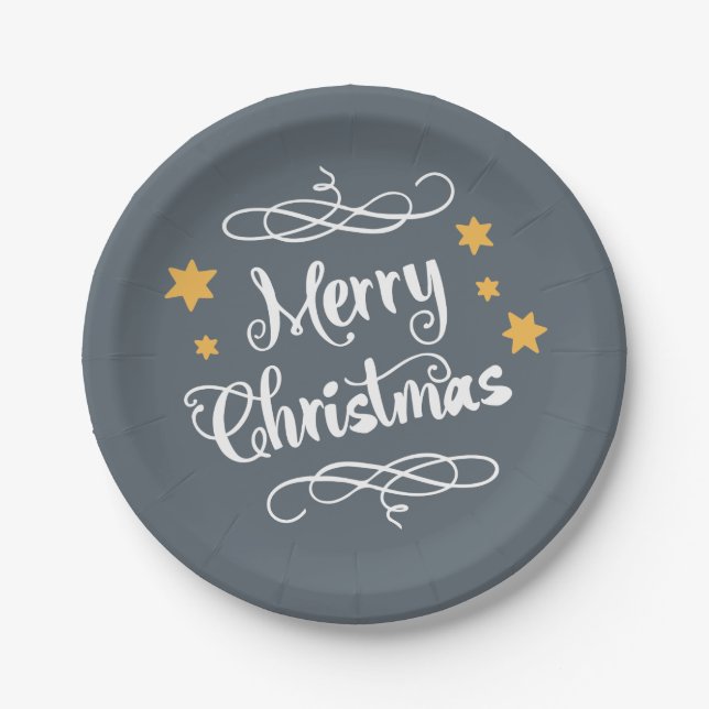 Merry Christmas Typography Light Slate Grey White Paper Plate (Front)