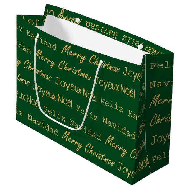 Merry Christmas Typography Noel Navidad Gold Green Large Gift Bag (Front Angled)