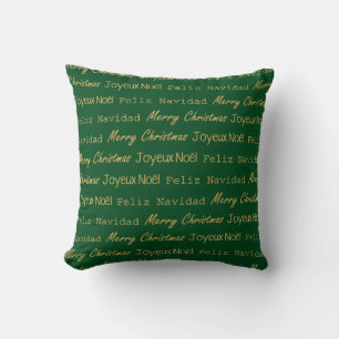 Merry Christmas Typography Noel Navidad Gold Green Throw Pillow
