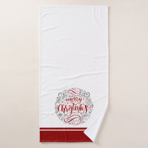 Merry Christmas typography on white and burgundy Bath Towel Set