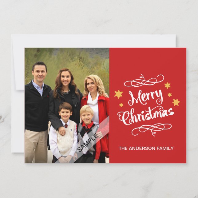 Merry Christmas Typography Personalized Photo Red Holiday Card (Front)