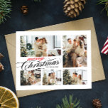 Merry Christmas Typography Photo Collage Postcard<br><div class="desc">Elegant,  simple typography Christmas postcard. Design features 5 family photos,  typography script '' Merry Christmas'' in elegant red & black handwritten lettering and family name on the front. Personalize further with your message on the back.</div>