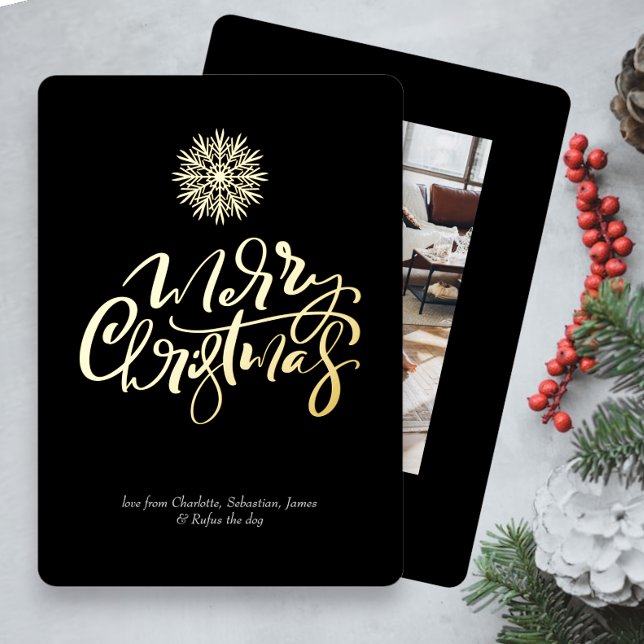 Merry Christmas Typography Photo Personalized Foil Holiday Card (Real foil Christmas cards with stunning typography, add your own photo and text, cards from Ricaso)