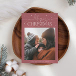 Merry Christmas Typography Pink Photo Holiday Card<br><div class="desc">Elegant and modern holiday card featuring a typography text that says "Merry Christmas" with a picture. Add another photo on the back along with your message. Background is pink.</div>