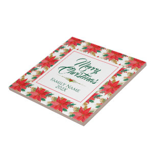 Merry Christmas Typography & Poinsettia Pattern Tile