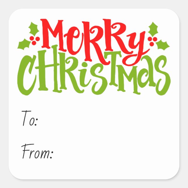 Merry Christmas Typography Red Green Holly Square Sticker (Front)