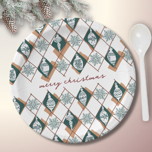Merry Christmas Typography Red Green Snowflakes Paper Plate
