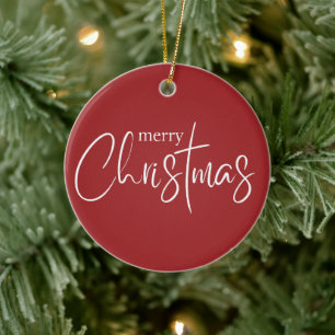 Merry Christmas Typography Red Modern Holiday Ceramic Ornament