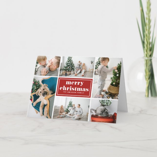 Merry Christmas Typography Red Photo Collage Holiday Card (Front)