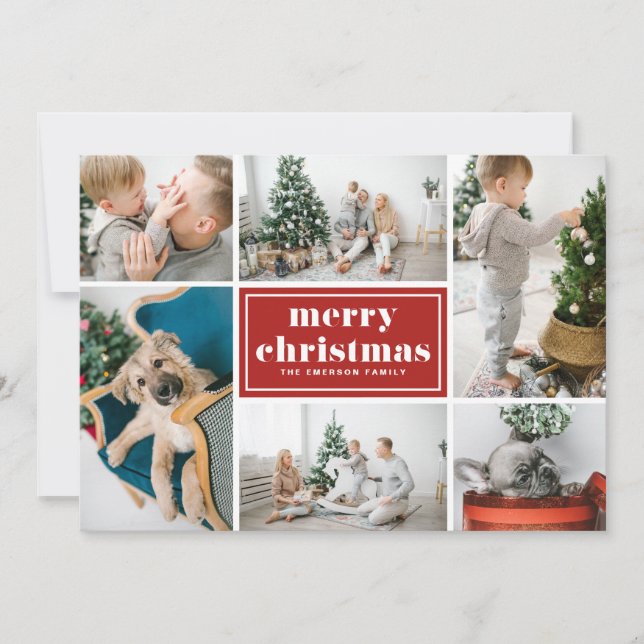 Merry Christmas Typography Red Photo Collage Holiday Card (Front)