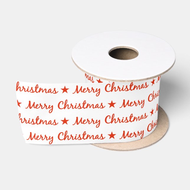 Merry Christmas Typography Red White Pattern Satin Ribbon (Spool)