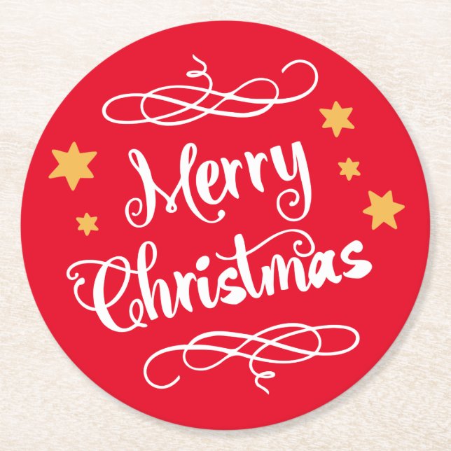 Merry Christmas Typography Red White Round Paper Coaster (Front)