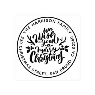 Merry Christmas Typography Round Return Address Rubber Stamp