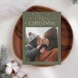 Merry Christmas Typography Sage Green Photo Holiday Card<br><div class="desc">Elegant and modern holiday card featuring a typography text that says "Merry Christmas" with a picture. Add another photo on the back along with your message. Background is sage green.</div>