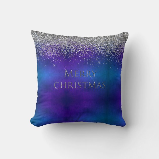 Merry Christmas Typography Silver Glitter Elegant Throw Pillow (Front)