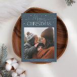 Merry Christmas Typography Slate Blue Photo Holiday Card<br><div class="desc">Elegant and modern holiday card featuring a typography text that says "Merry Christmas" with a picture. Add another photo on the back along with your message. Background is slate blue.</div>