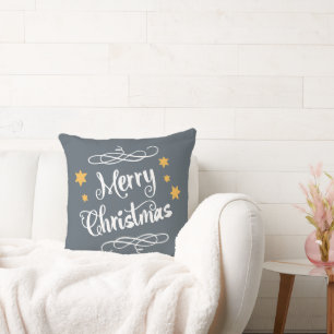 Merry Christmas Typography Slate Grey White Throw Pillow