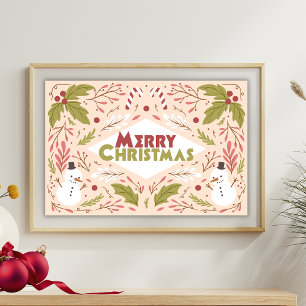 Merry Christmas Typography Snowman Floral Poster