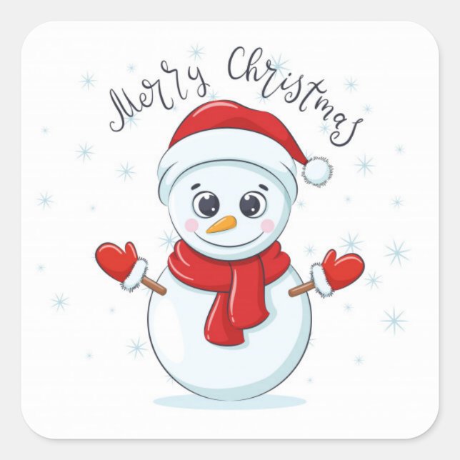 Merry Christmas Typography Snowman Holiday Festive Square Sticker (Front)