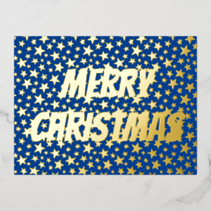 Merry Christmas typography stars navy blue elegant Foil Holiday Postcard