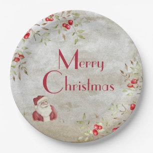 “Merry Christmas” Typography Watercolor Santa Paper Plate