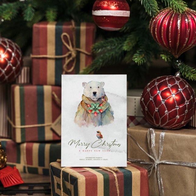 Merry Christmas typography, White Bear, Red Robin  Invitation (Creator Uploaded)