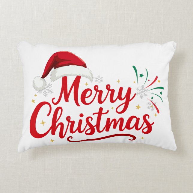 Merry Christmas Typography with Santa Hat and Snow Accent Pillow (Front)