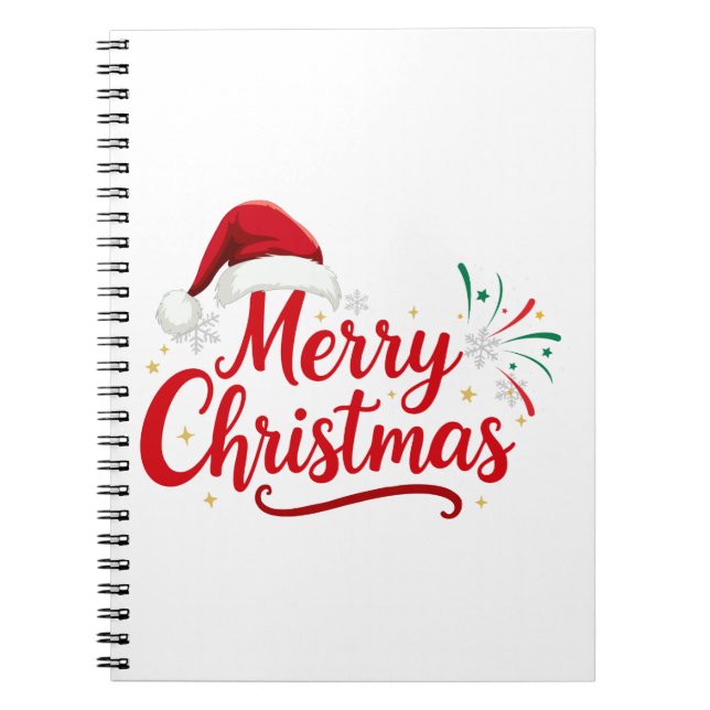 Merry Christmas Typography with Santa Hat and Snow Notebook (Front)