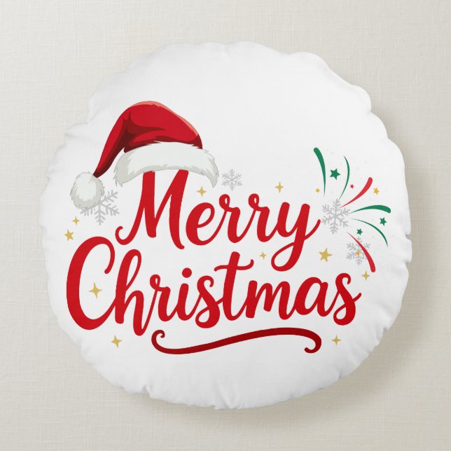 Merry Christmas Typography with Santa Hat and Snow Round Pillow (Front)
